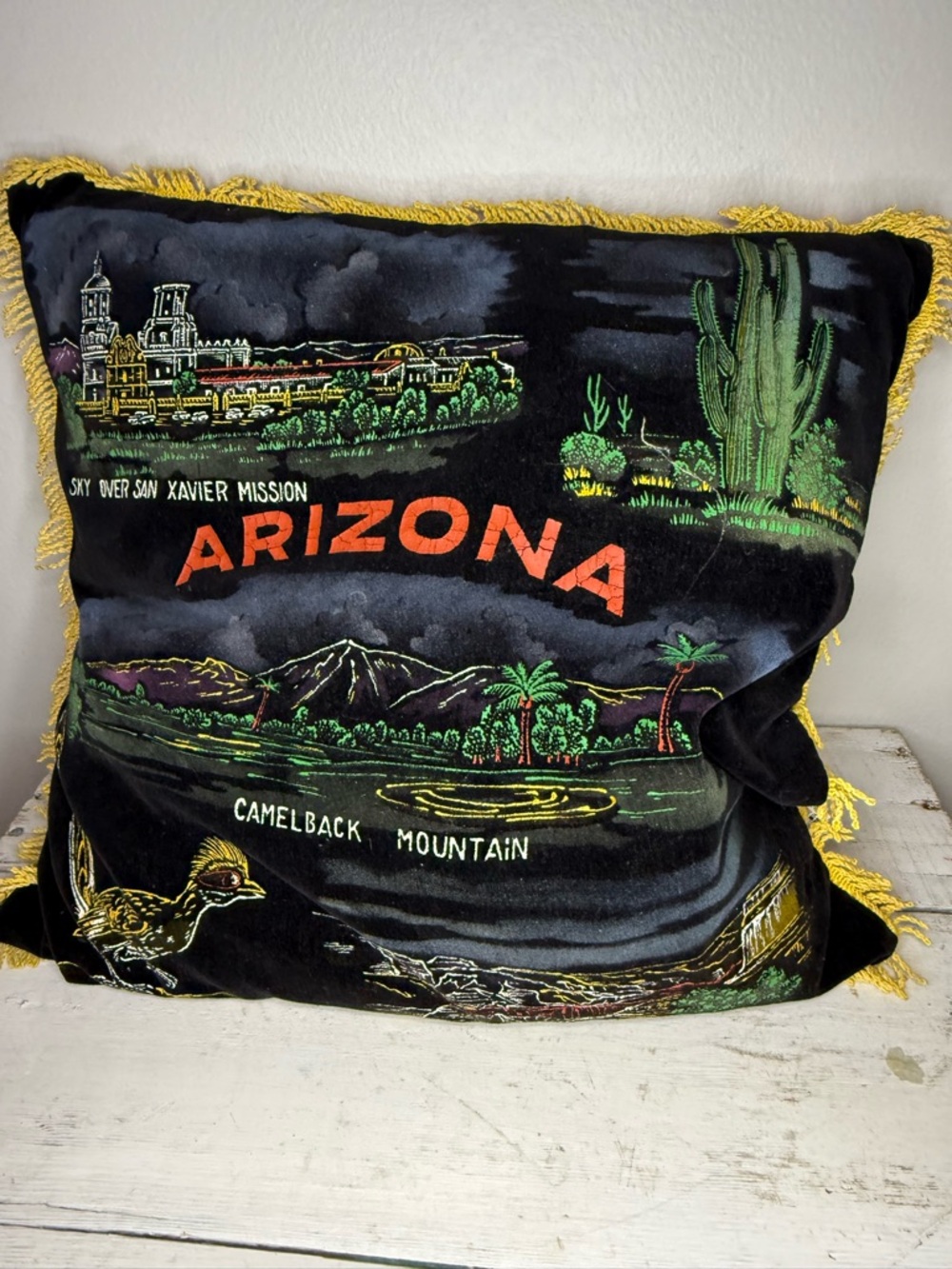 VTG Arizona Grand Canyon Camelback Mountain Souvenir Pillowcase  Gold Fringe 17"